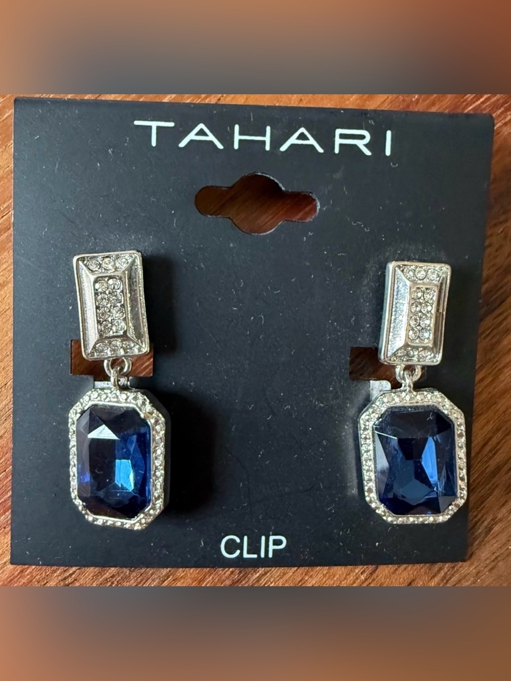 Tahari Silver Tone and Deep Blue Rhinestone Pive Pierced Earrings